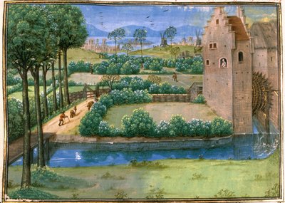 Cott Aug A V f.345v Paisagem flamenga com um moinho de água em primeiro plano e um moinho de vento ao fundo, da 