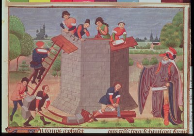 Cott Aug V fol.22 Edifício da Torre de Babel, miniatura de 