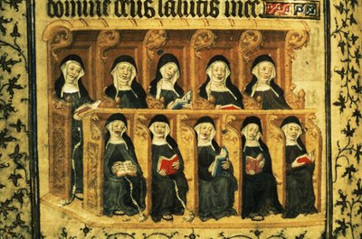 Cott Dom A XVII f.74v Freiras numa banca de coro, do Saltério de Henrique VI, Paris de French School