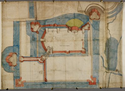 Cotton Augustus I ii 52, Um plano colorido do Castelo de Guînes cerca de 1540 (pergaminho) de French School