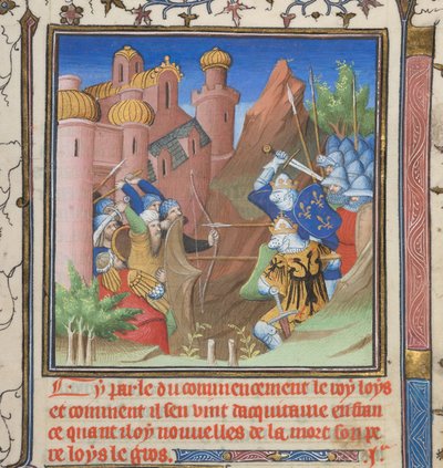 Algodão Nero E II pt.1, f.222, Batalha de Luís VII e seu pai, de Grandes Chroniques de France de French School