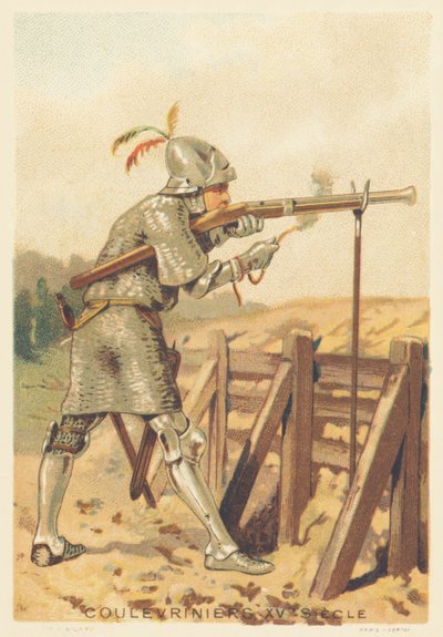 Coulevrinier no século XV (Homem de guerra, a pé ou a cavalo, arma de uma cobra na mão) de French School