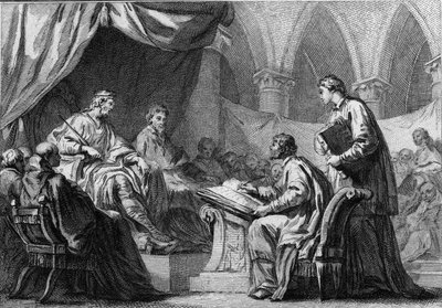 Conselho de Orleans, 511: Clóvis I (466-511), Rei dos Francos, que participa do Concílio que estabeleceu a cooperação entre os reis da França e a Igreja Católica. Gravura do século XVIII. de French School
