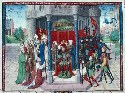 Conde Jean de Brienne, miniatura de "Les chroniques de Jherusalem abregies", c.1450 (têmpera sobre velino) de French School