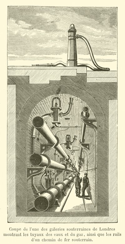 Corte transversal de um dos túneis subterrâneos de Londres mostrando tubos de água e gás (gravura) de French School