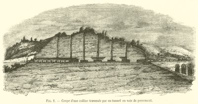 Corte transversal de uma colina atravessada por um túnel de gravura de French School