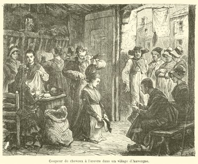 Cortador de cabelo a trabalhar numa aldeia de Auvergne (gravura) de French School