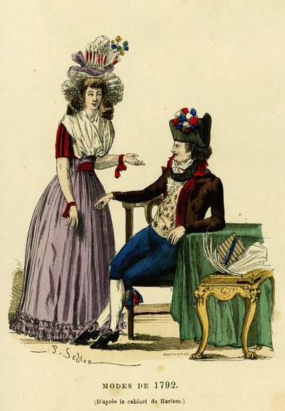 Casal na moda a partir de 1792. Gravura a cores após o desenho do gabinete do Harlem, em "France et les francais a travers les siecles" de Augustin Challamel, editor F.Roy, Paris 1882. Coleção Selva. de French School