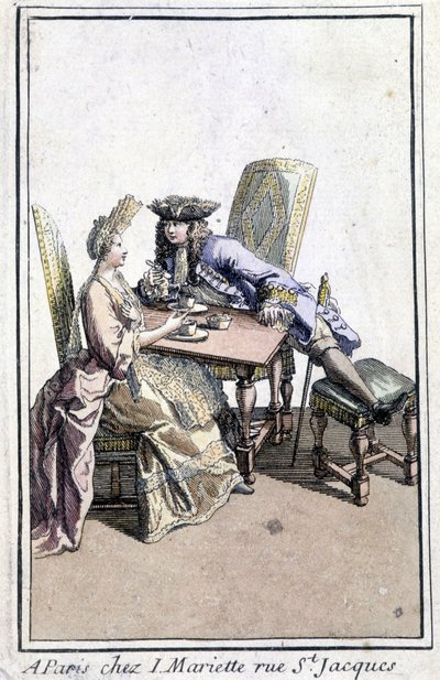 Casal tomando café - gravura de French School