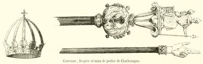 Coroa, Cetro e Mão de Justiça de Carlos Magno (gravura) de French School