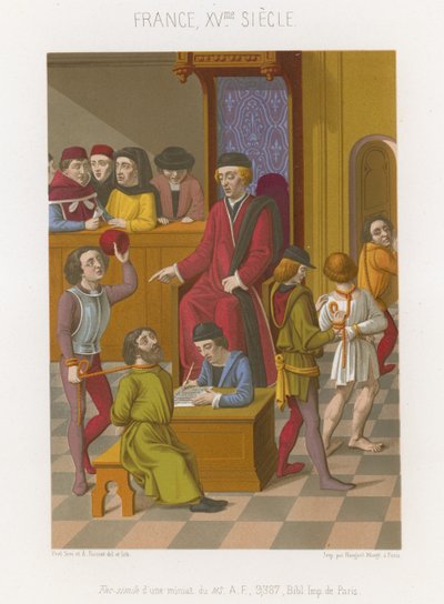 Cena tribunal, com, um, homem, sendo, segurado, por, um, corda, ao redor, seu, pescoço de French School