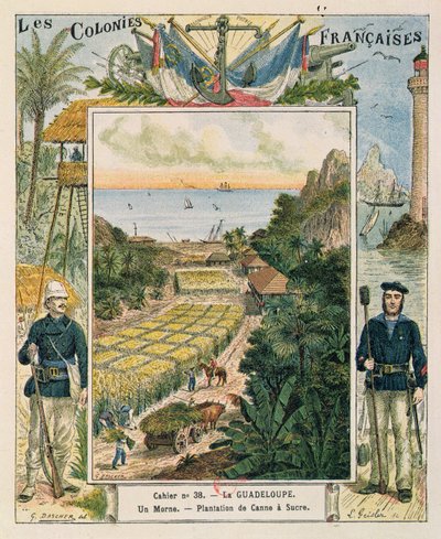 Capa para um caderno escolar mostrando uma plantação de cana-de-açúcar em Guadalupe, 1892 de French School