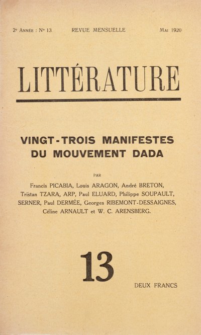 Capa da revista literária mensal literária dedicada ao movimento Dada, maio de 1920 de French School