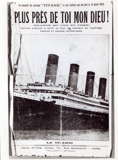 Capa da partitura para o Hino mais próximo do Meu Deus para Ti, cantada pelos passageiros do Titanic durante seu naufrágio e naufrágio, 1912 de French School