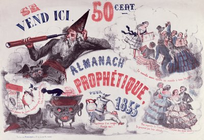 Capa de um almanaque profético retratando Nostradamus, 1855 de French School
