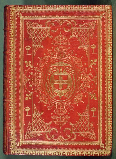 Capa de um livro de propriedade do Cardeal Mazarin, com o acabamento exibindo os cardeais de armas de estrelas e fasces, encimado pelo chapéu de galero e borlas de um cardeal (couro e dourado) de French School
