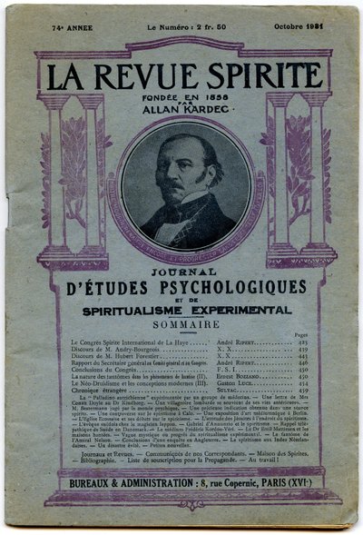 Capa de uma série de “” La revue spirite “”, retrato do fundador Allan Kardec, revista de outubro de 1931 de French School