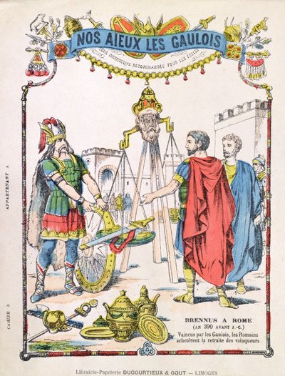 Capa do livro de exercícios da escola retratando a lenda de Brennus (fl. C.389 aC) de French School
