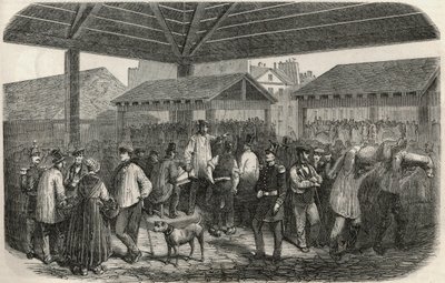 Carne de talho de Cree no mercado na rue des Prouvaires no I arrondissement de Paris - Gravação em "Tableau-de-Paris" de Edmond Texier 1852 de French School