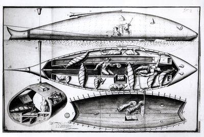 Seção transversal de um submarino, de um manuscrito, março de 1689 de French School