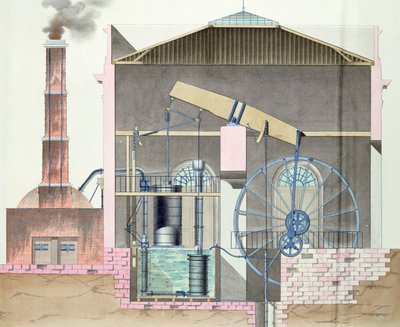 Seção transversal do motor a vapor Watts (caneta e tinta e wc no papel) de French School