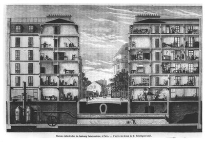 Seção transversal, de, industrial, casas, em, Faubourg, Saint-Antoine, em, paris, ilustração, de, le, Magasin, Pittoresque, 1885 de French School