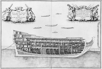 Seção transversal do totalmente concluído dentro de um navio, ilustração do Atlas de Colbert, placa 37 de French School