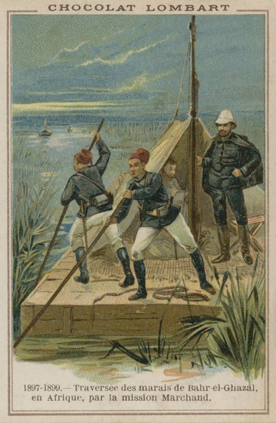 Cruzando os pântanos de Bahr-el-Ghazal na África de French School