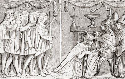 Coroação de Sigismundo como Sacro Imperador Romano pelo Papa Eugênio IV em 1433, da L Histoire Universelle Ancienne et Moderne, publicado em Estrasburgo c.1860 de French School