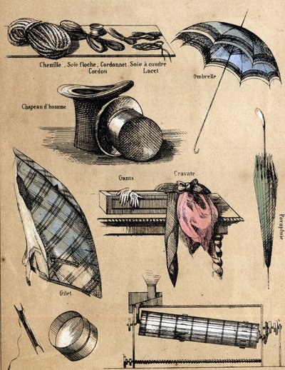 Descrição da cultura e produtos de seda: acessórios e objetos (luvas, chapéus, guarda-chuva, colete, peneira, linhas de pesca, linha de costura, cordão). Placa "la soie" em "les Recreations instructives" Pintura sinóptica de Jules DELBRUCK, gravura a parti de French School