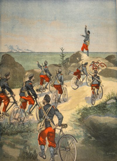 Serviço de ciclismo ao longo da costa de Cuba, ilustração do Le Petit Journal: Supplement illustre, 1898 de French School