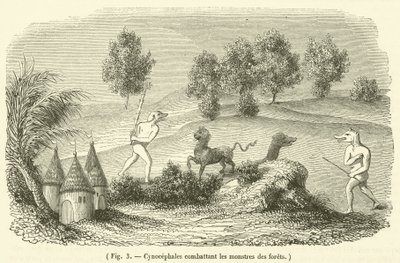 Cynocephales lutando contra monstros da floresta (gravura) de French School