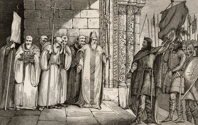 Dagobert (603-39) Descendo o Banner em St. Denis, de &39;Histoire de Paris&39; por Colart, publicado em 1840 de French School