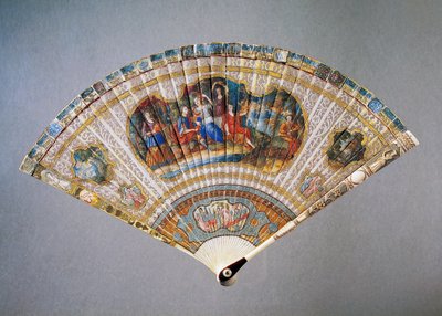 Vernis Martin danificado com um ventilador de mão, representando David e Abigail, pele de cabra com marfim pintado e pau de guarda de madrepérola, altura 21 cm de French School