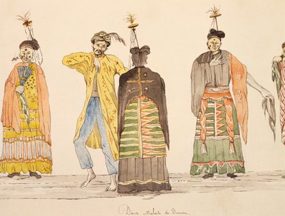 Dança indígena para Buru, Molucas, aguarela de Jules-Louis Lejeune, baseada na Voyage around world de French School