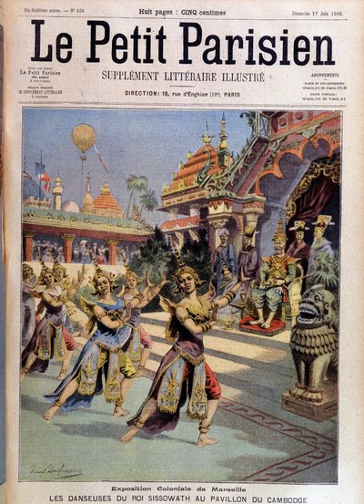 Dançarinos do Rei Sissovath no pavilhão do Camboja, exposição colonial de Marselha - em "Le Petite Parisien" de 17/06/1906. de French School