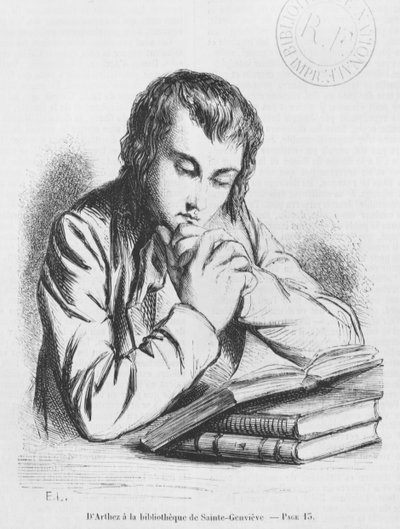 Daniel d&39;Arthez na Bibliotheque Sainte-Genevieve, ilustração de "ilusões perdidas" por Honore de Balzac de French School