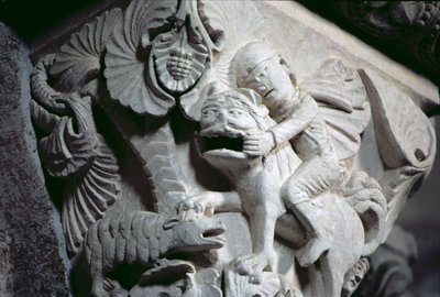 David Slaying the Lion (detalhe de uma capital) c.1130 (pedra) de French School