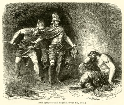 David epargne Saul a Engaddi (gravura) de French School
