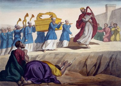 David escoltando a Arca da Aliança para Jerusalém, ilustração de um catecismo LHistoire Sainte, publicado por Charles Delagrave, Paris, final do século XIX de French School