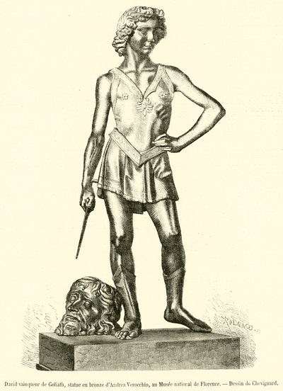 David derrotando Golias, estátua de bronze por Andrea Verocchio, no Museu Nacional de Florença (gravura) de French School