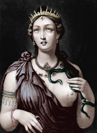 Morte de Cleópatra VII, Rainha macedónia do Egipto (gravura a cores) de French School