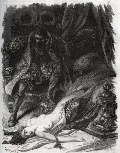 Morte de Françoise de Foix, Condessa de Chateaubriant (ca. 1495-1537), assassinada pelo seu marido Jean de Laval Comte de Chateaubriant (Laval-Chateaubriant) (1486-1543), que assim se vingou dos infiéis da sua mulher. Gravura de 1871 em "Histoire Des de French School