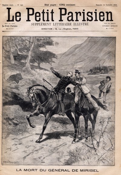 Morte do general Marie Joseph Francois de Miribel (1831-1893) de uma crise de apoplexia ao retornar de uma inspeção nos Alpes. Um dos jornais "Le Petit Parisien" em 24/09/1893. de French School