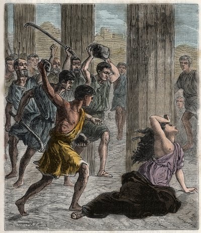 Morte da Hipatia - Hipatia (c370-415) matemático e filósofo (Neoplatonista) assassinado por seguidores de Cirilo, Patriarca de Alexandria - Morte da Hipatia - Gravura em "Ciências levadas ao alcance de todos - física e química" b de French School