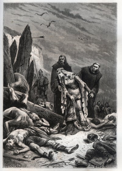 Morte do Rei Harold II (1022-1066) na Batalha de Hastings em 1066 - Edith Swannesha (Swanneck), conhecida como Edith la Juste (1025-1086) descobre o corpo de seu marido - Ealdgyth (Edith a Feira ou Edith Swanneschal), descobrindo o corpo de Harold Godwi de French School