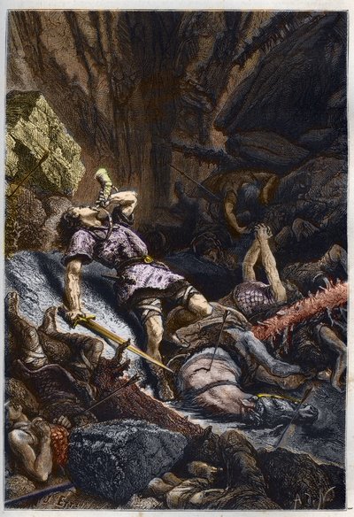 Morte do Cavaleiro Roland, sobrinho de Carlos Magno, na Batalha de Roncevaux (778) contra a Armada de Carlos Magno e os Sarracenos - Morte de Roland na batalha de Roncesvaux Pass, 778 - gravura de "L