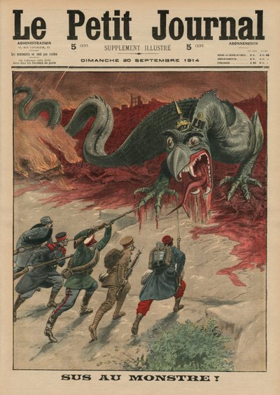 Morte ao monstro, ilustração da capa do &39;Le Petit Journal&39;, suplemento ilustrativo, 20 de setembro de 1914 de French School
