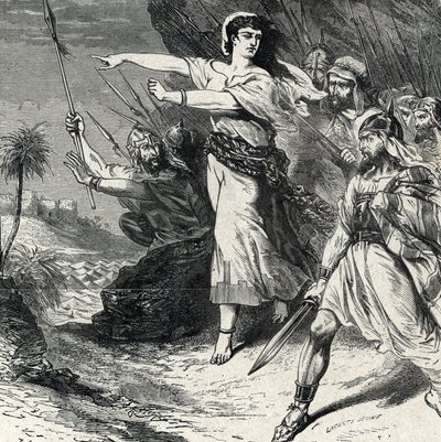 Débora leva o povo de Israel oprimido por Jabin, o rei de Canaã, a lutar. Gravura da "História Sagrada" da Colecção Privada do século XIX de Lahure de French School