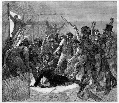 Os mineiros de Decazeville (Aveyron) atacam em 1886: o engenheiro Watrin foi assassinado pelos Grevists. Gravação em "Le Monde Illustré", 6 de Fevereiro de 1886. de French School